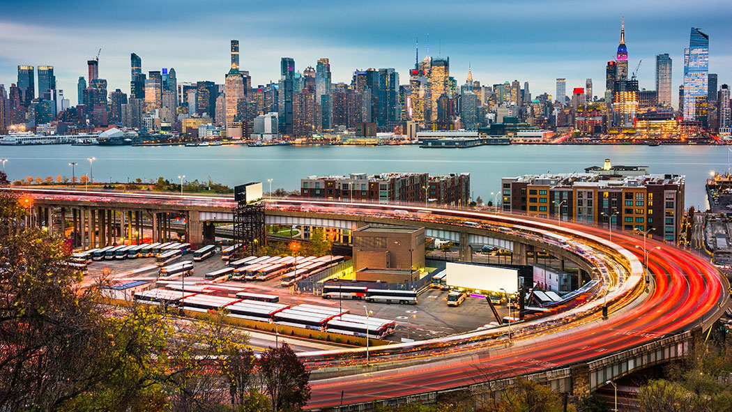 New York City skyline over The Helix Loop. 