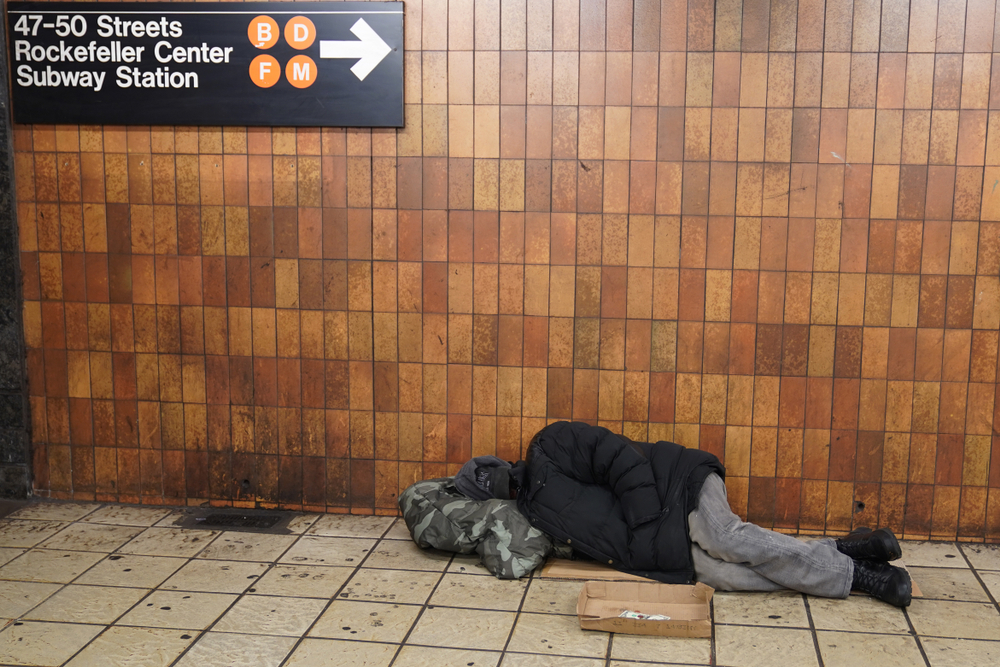 A homeless person in New York City's Times Square subway station.
