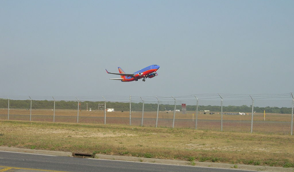 An airplane takes off at MacArthur airport