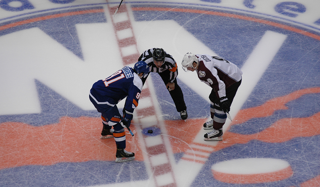 New York Islanders' John Tavares faces off against Matt Duchene of the Colorado Avalanche at the old Nassau Veterans Memorial Coliseum.