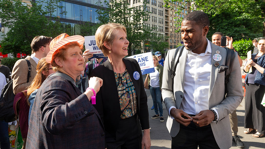Christine Marinoni, Cynthia Nixon and Public Advocate Jumaane Williams attending a rally to get names on the Democratic Party primary ballot in 2018.