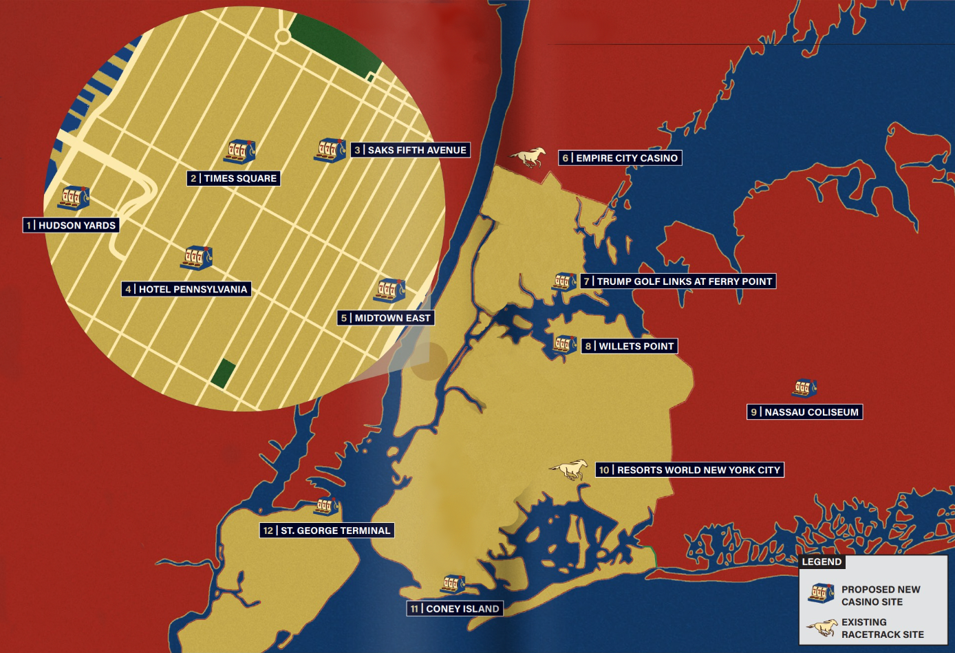 A map showing the location of the 12 casino proposals.