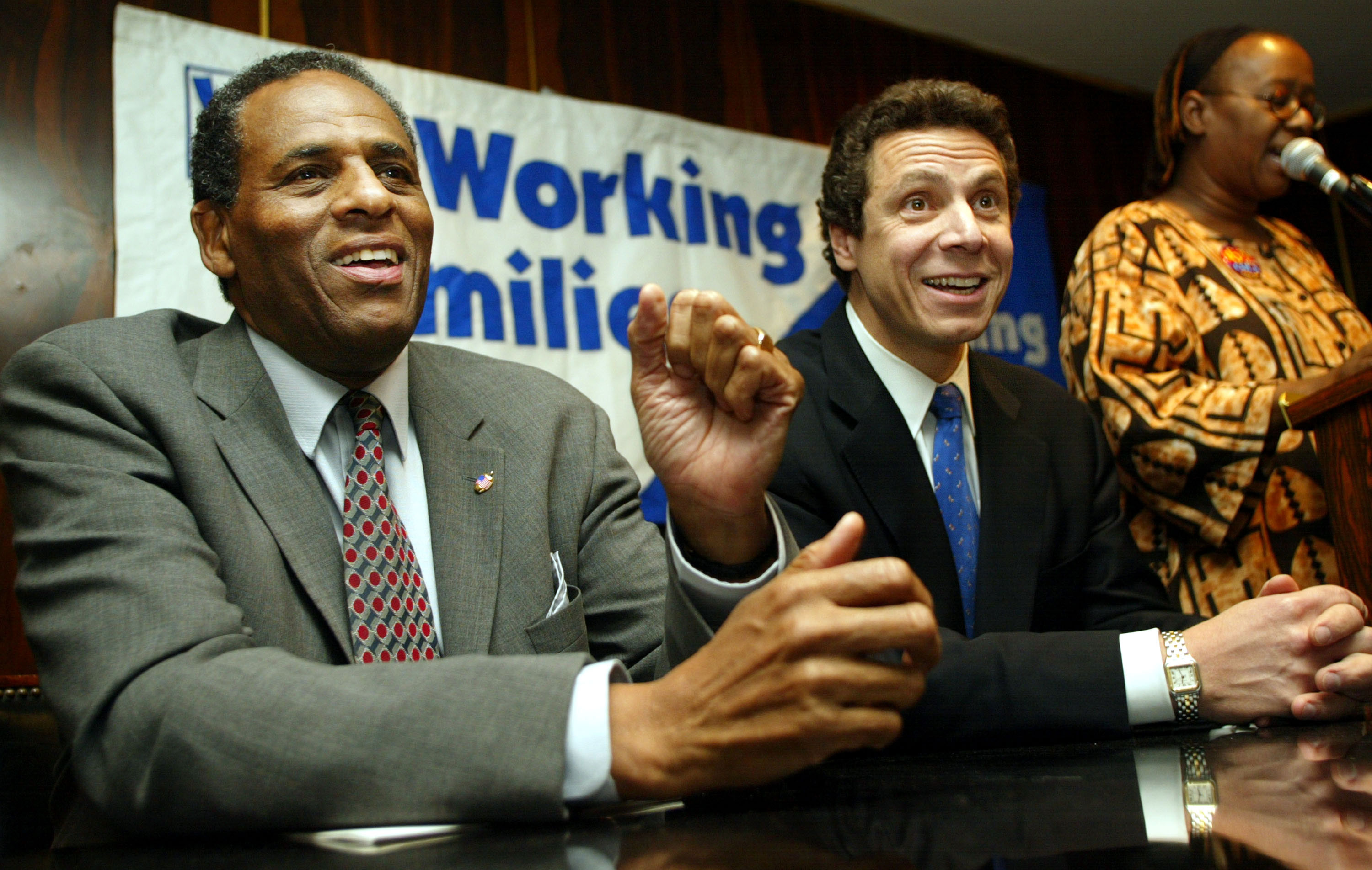 Carl McCall and Andrew Cuomo appear together at an event in support of raising the minimum wage to, checks notes, $6.75 as they compete for the Democratic nomination for governor in May 2002.