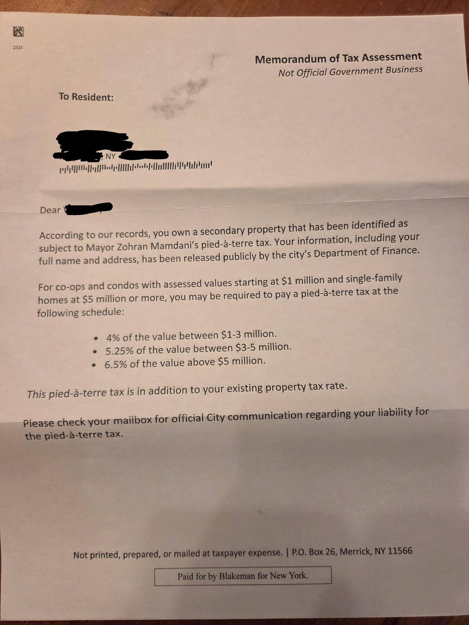 A letter from the Blakeman campaign impersonated a letter from the New York City Department of Finance.