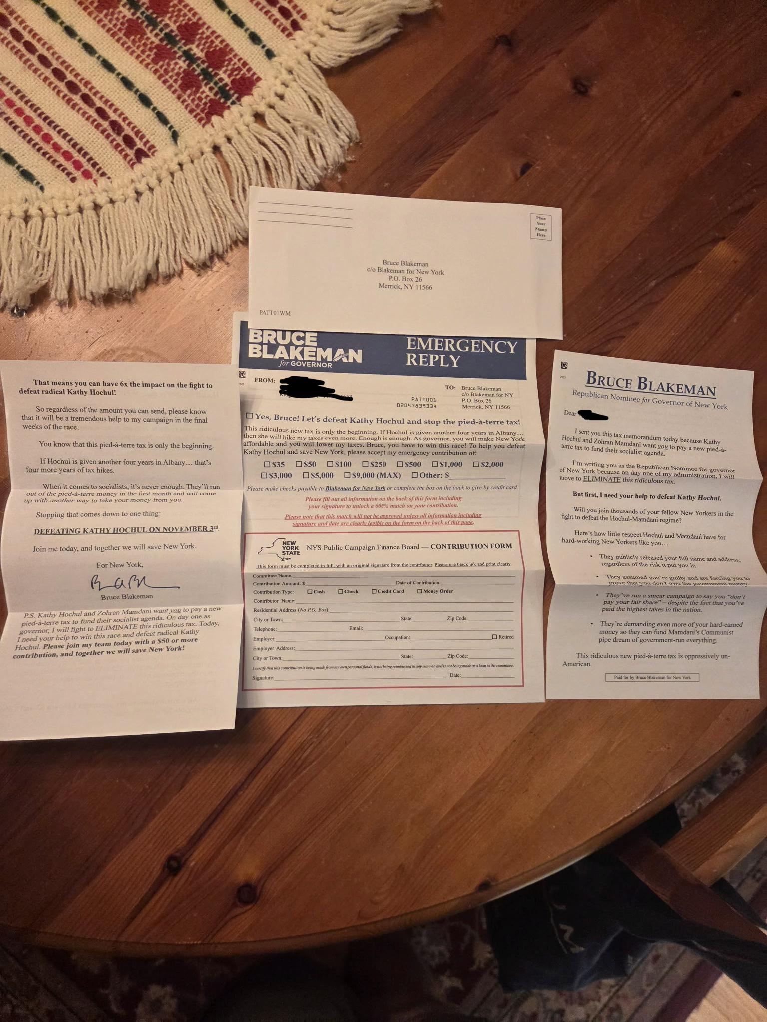 The Blakeman campaign’s package also included donation requests and other materials.