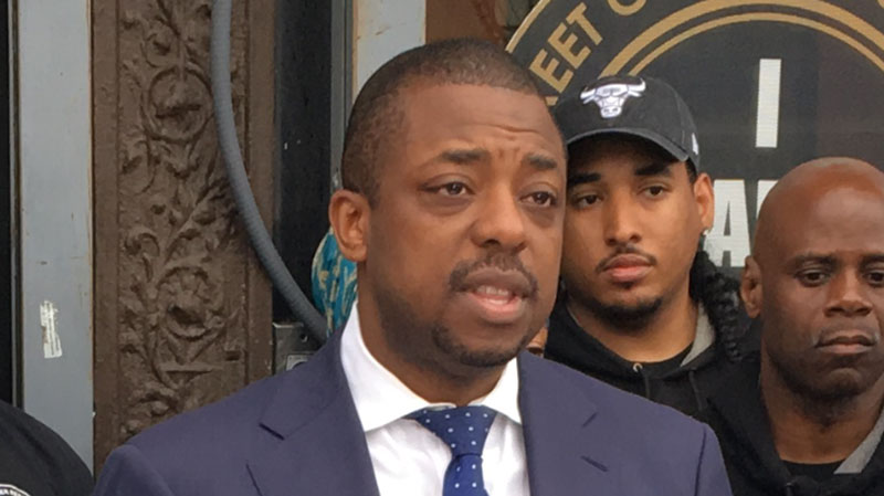 New York state Sen. Brian Benjamin holds a press conference regarding the closure of Rikers Island during his 2017 campaign.