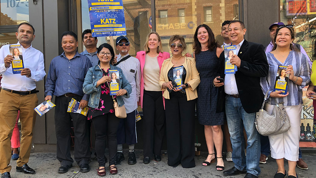 Melinda Katz, campaigning for Queens DA alongside supporters. 