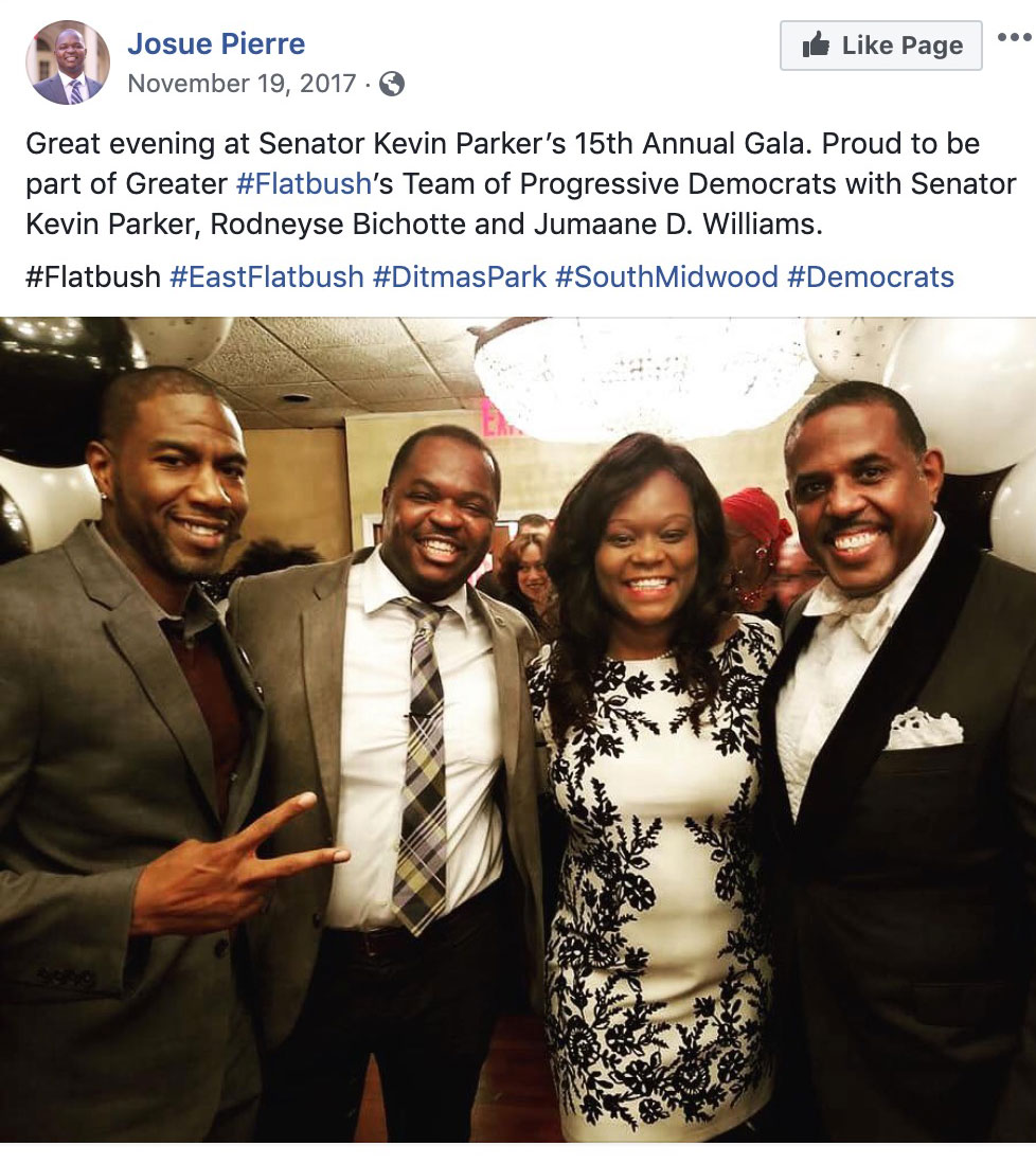 A Facebook post, picturing (from left) Public Advocate Jumaane Williams, Pierre, Assemblywoman Rodneyse Bichotte and Parker.