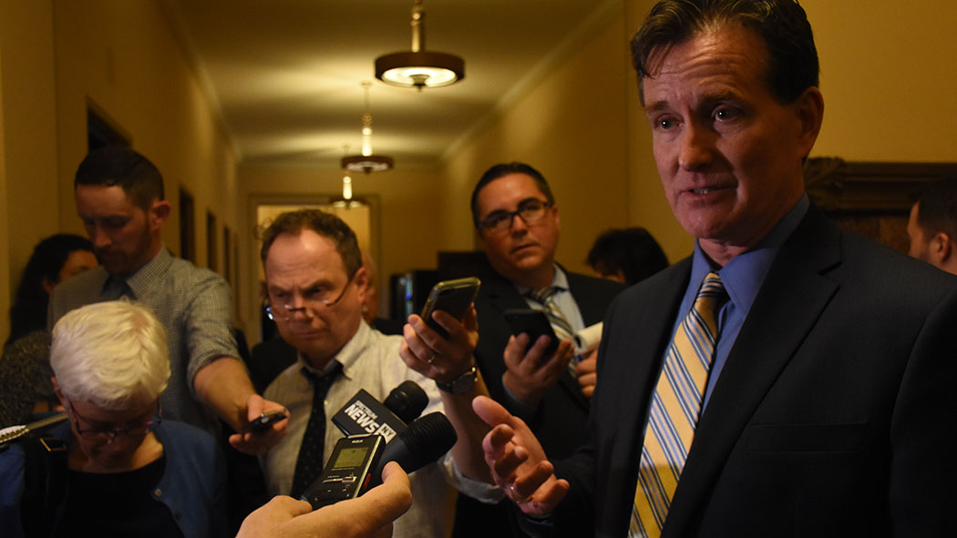 Flanagan at a press conference outside of his office on May 7 where he blasted a democratic bill to allow felons who serve their sentences to be on juries.