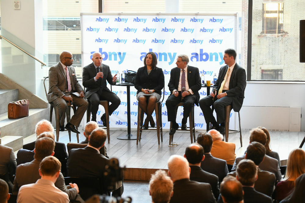 Errol Louis, Scott Rechler, Veronica Vanterpool, David Weprin and Patrick Hyland sit on the ABNY congestion pricing panel 