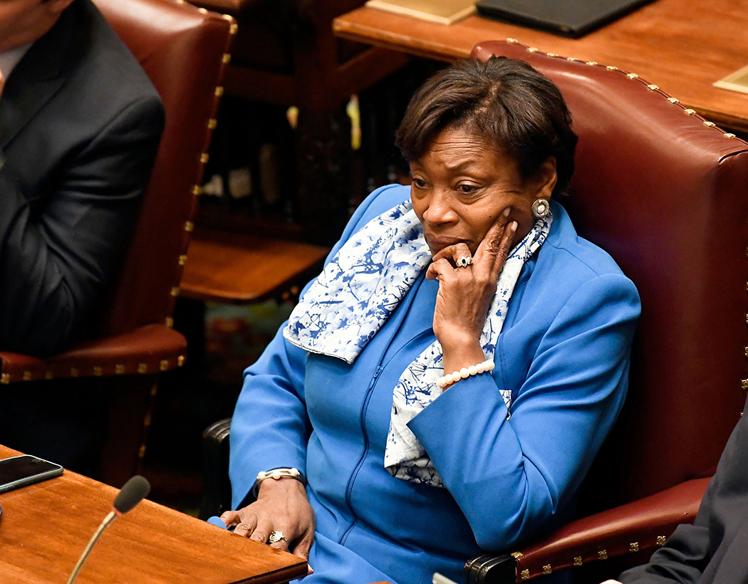 Andrea Stewart-Cousins sitting in the Capitol.