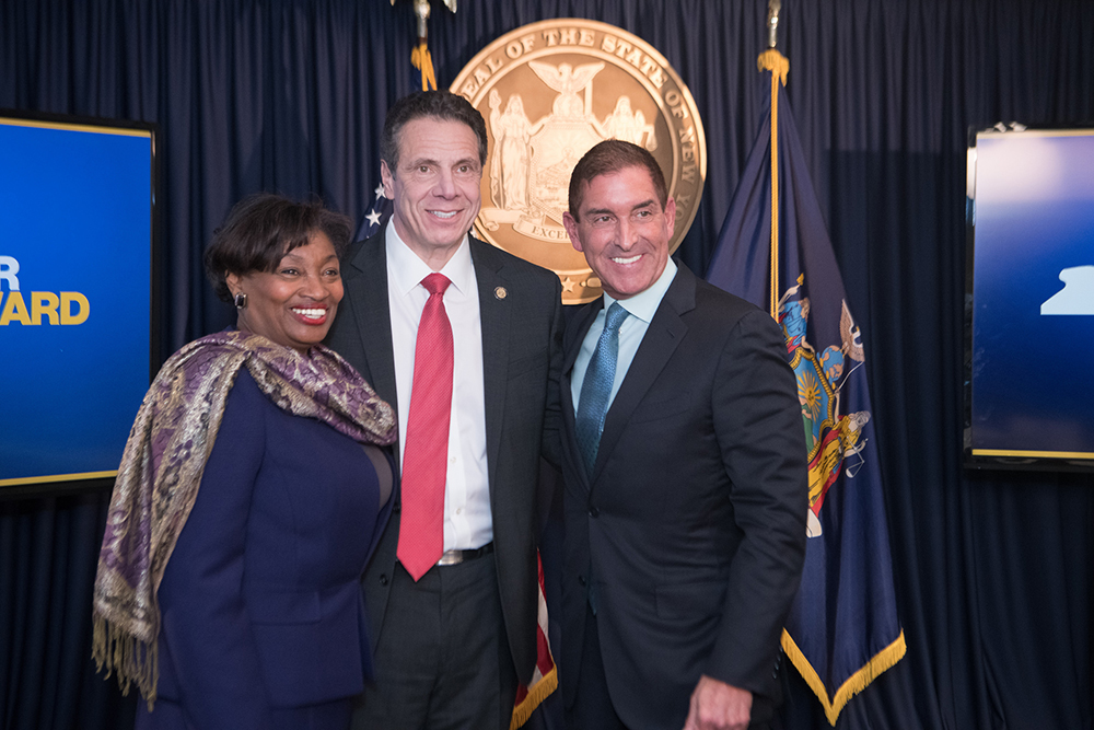 State Sen. Democratic Leader Andrea Stewart-Cousins, Gov. Andrew Cuomo and state Sen. Jeff Klein