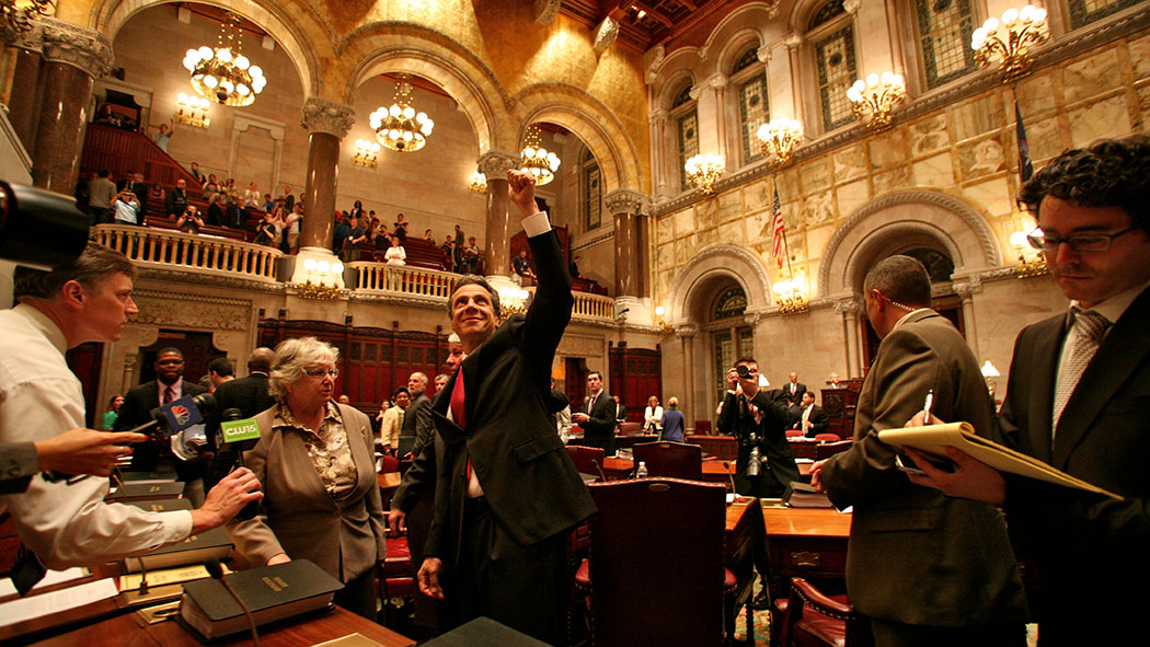 Gov. Andrew Cuomo announces the passage of the historic marriage equality act on the Senate floor following the vote.