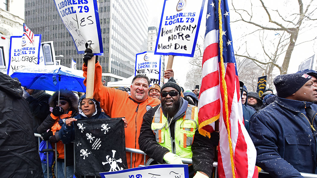 Thousands of union & non-union construction workers rallied by City Hall to urge the passage of bill 1447 to improve safety in 2017.