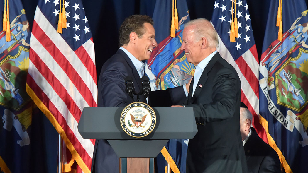 Gov. Andrew Cuomo and Vice President Joe Biden embrace during a press conference in 2015.