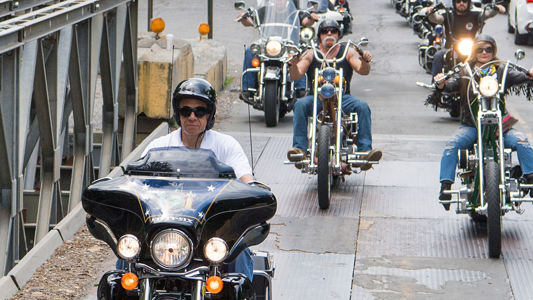 Cuomo burnin' rubber on a motorcycle ride in the Catskills.
