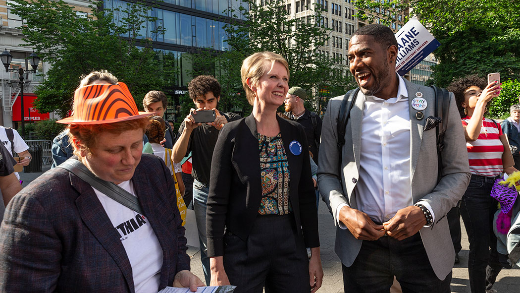 Cynthia Nixon and Jumaane Willims attending a rally to get names on the Democratic Party primary ballot in 2018.