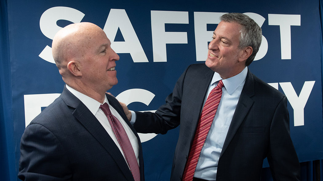 Mayor Bill de Blasio and Police Commissioner James O'Neill hold a press conference to announce record breaking crime statistics for 2018 in January.
