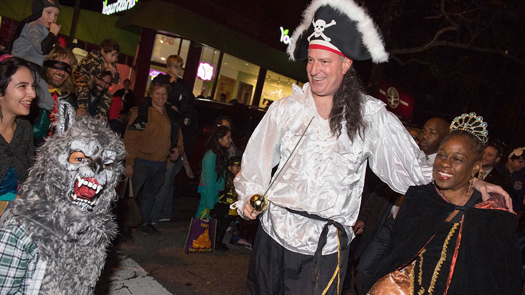 Mayor Bill de Blasio Marches in Park Slope Halloween Parade. 7th Avenue and 14th Street to Washington Park, Brooklyn, NY.