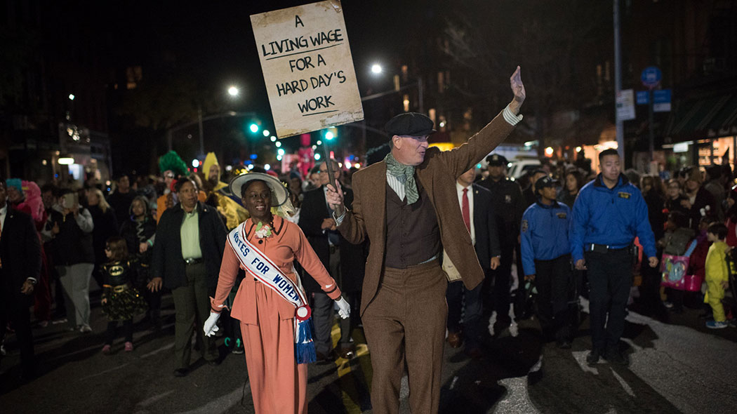 Mayor Bill de Blasio and First Lady Chirlane McCray march in the Park Slope Halloween Parade in Brooklyn on Monday, October 31, 2016.