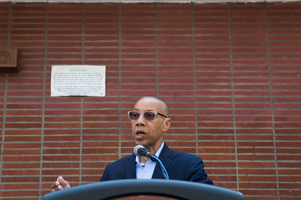 Queens Library president and CEO Dennis Walcott speaks during the groundbreaking ceremony for renovations of the Steinway Public Library. 