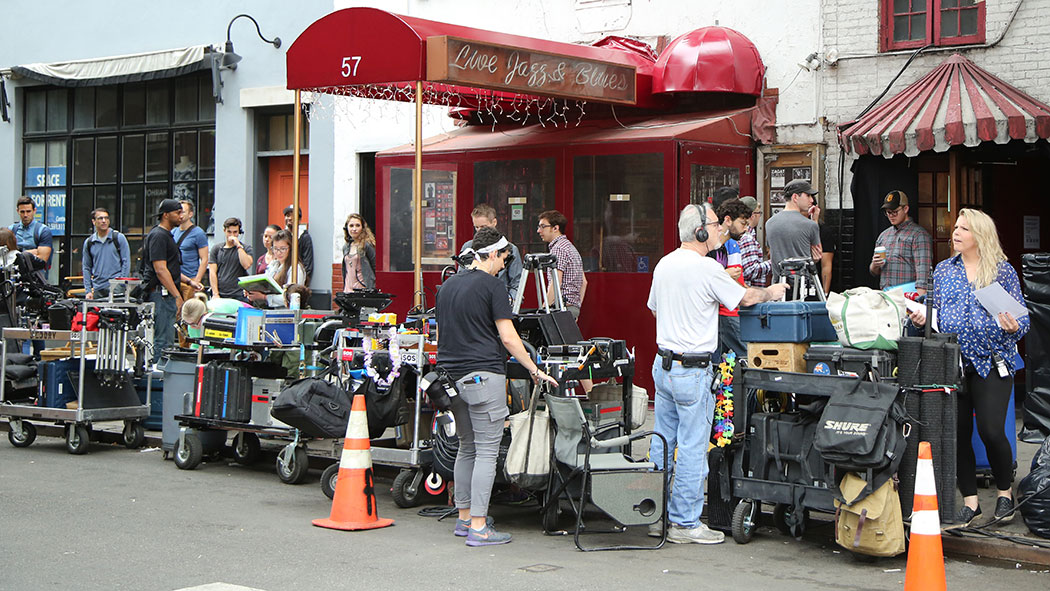 A film crew on location in New York City's Greenwich Village.