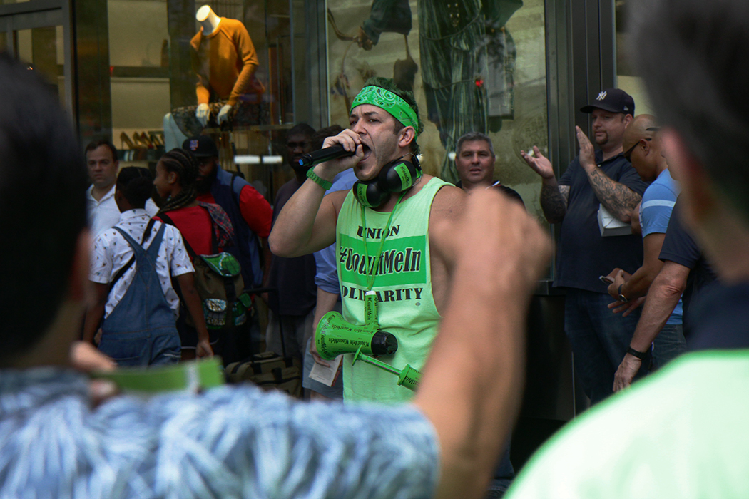 Bricklayers union member Charlie Schultz chants at the “Count Me In” rally over the Hudson Yards project.