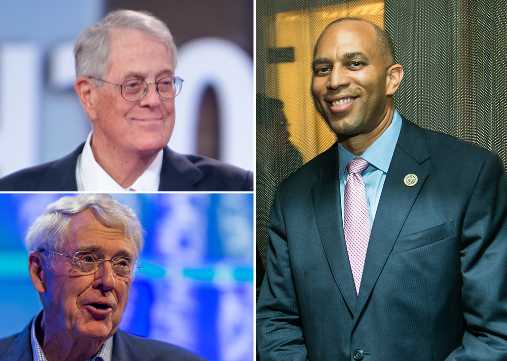 Charles G. Koch and David H. Koch (left) and Rep. Hakeem Jeffries. 