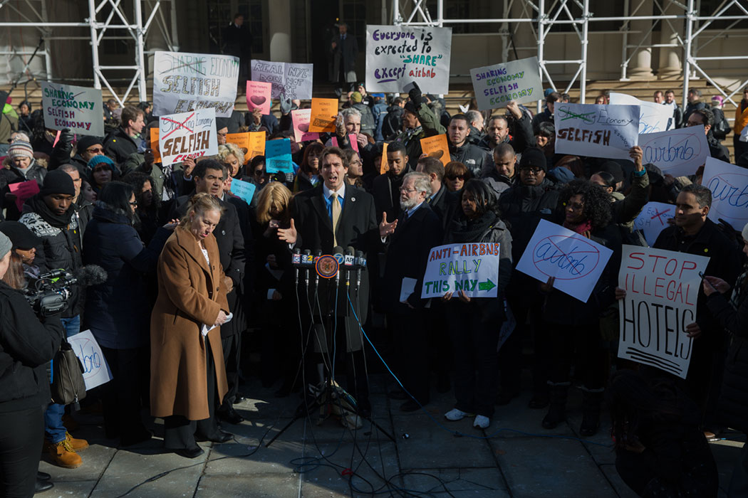 New York City lawmakers led a rally in 2015 against Airbnb's practices, which allowed its users to effectively run illegal hotels in city apartments.