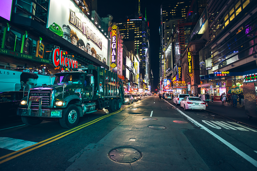 A private waste collection truck in New York City's Times Square.