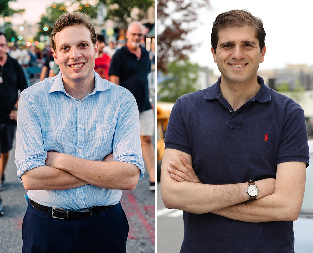 Ross Barkan and Andrew Gounardes stand with their arms crossed. 