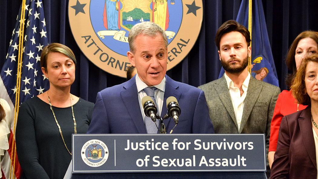 Former Attorney General Eric Schneiderman announcing a settlement with Brooklyn Hospital to ensure rape survivors are no longer billed for forensic rape examinations.