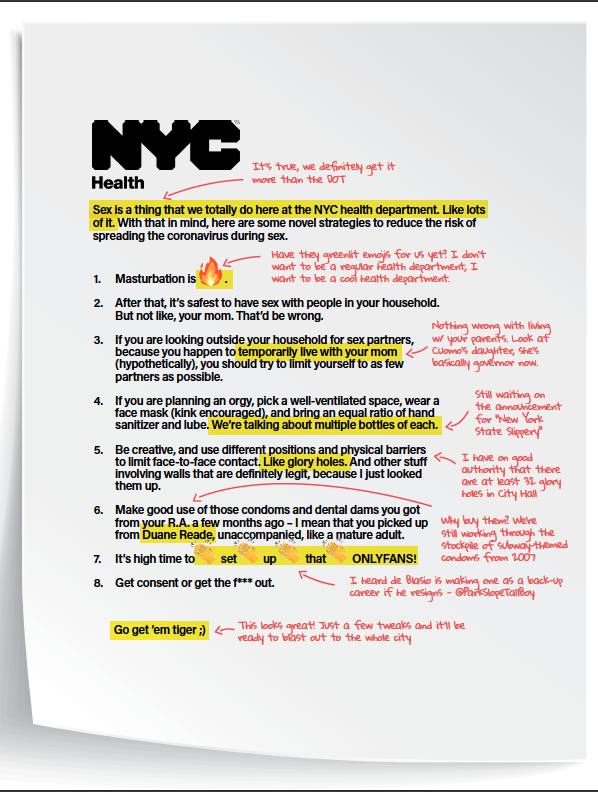 City & State guesses what the first draft of New York City's sex guidelines during COVID-19 was like.