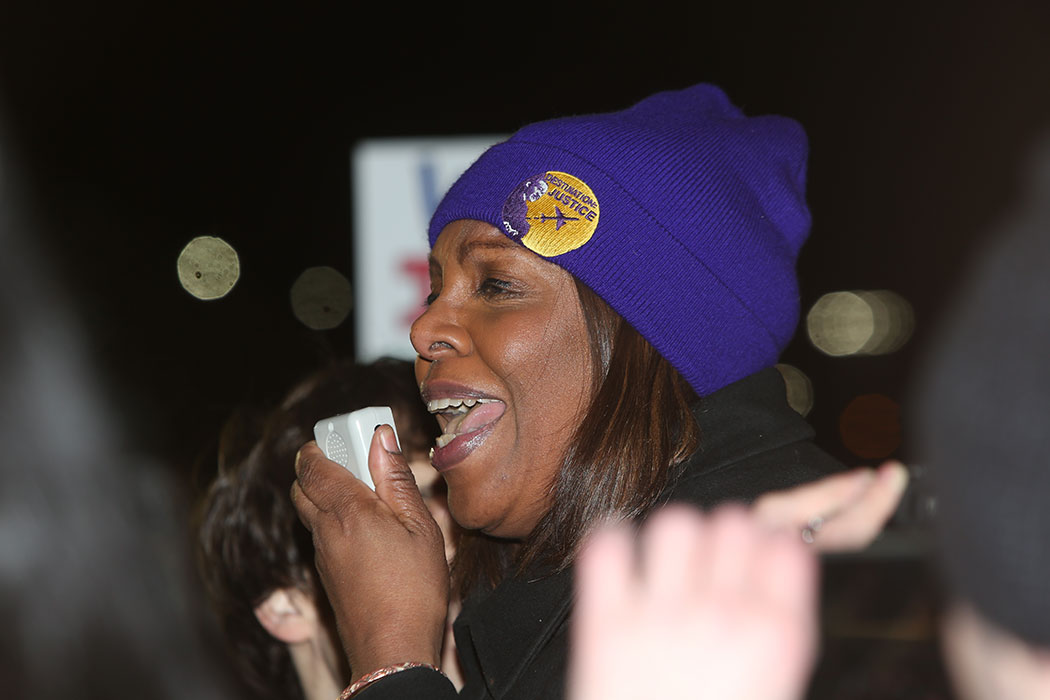 Thousands of activists joined then-NY Public Advocate Letitia James to protest the detention of travelers with entry visas at JFK airport.