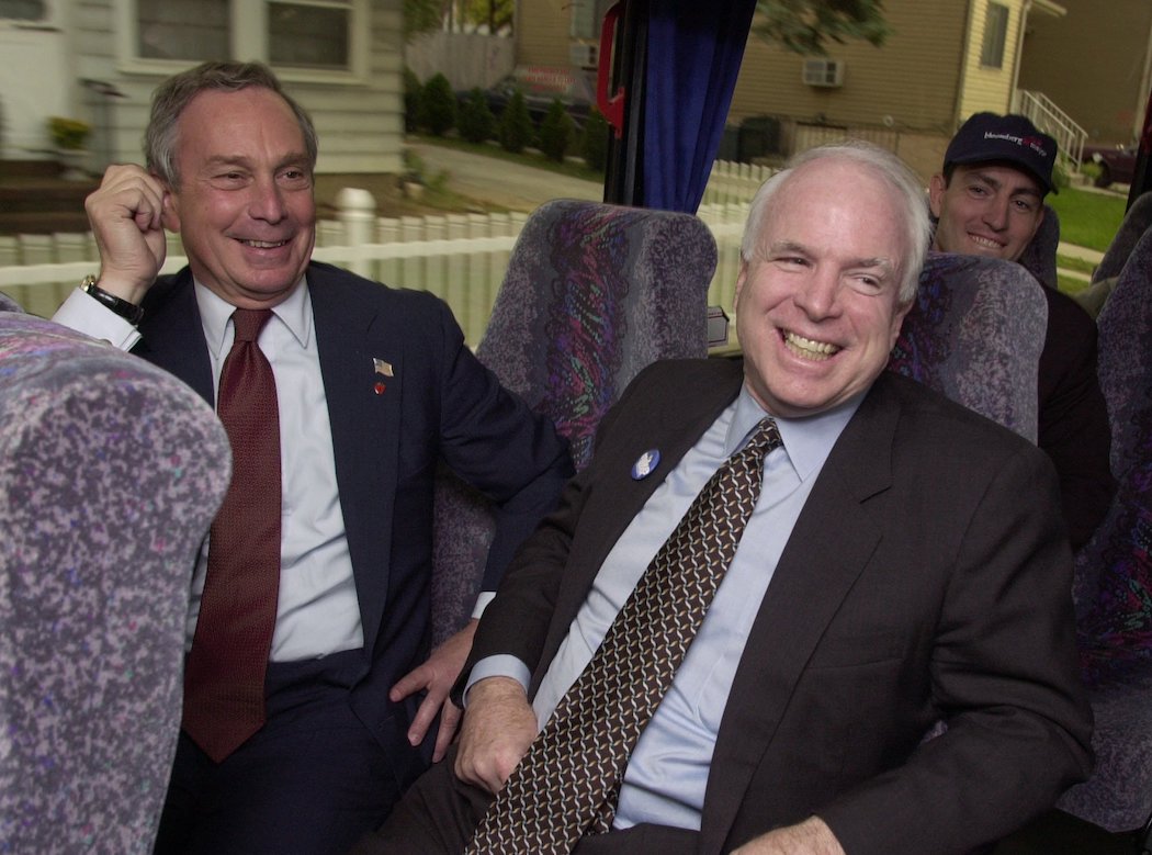 Bloomberg with Senator John McCain in November, 2001 on a bus between his campaign stops in Staten Island.