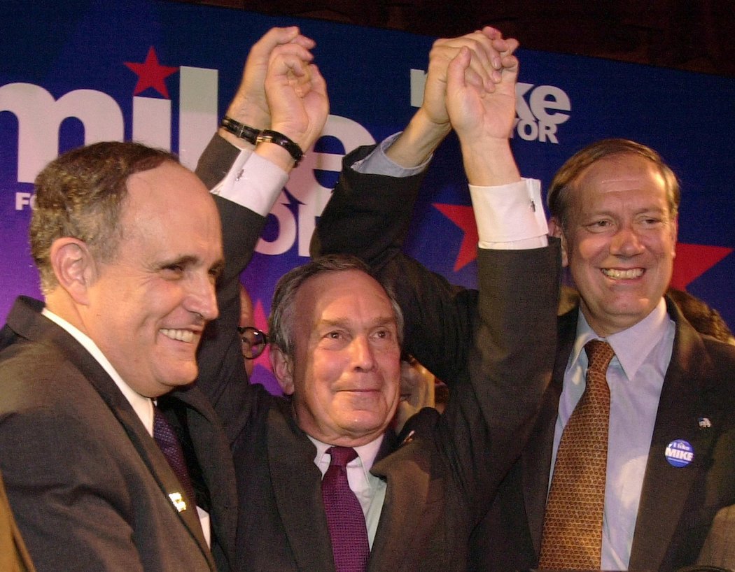 Bloomberg, Rudy Giuliani, and Governor George Pataki celebrating Bloomberg winning his 2001 mayoral campaign.