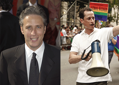 Daily Show host Jon Stewart (left) and former Rep. Anthony Weiner (right)