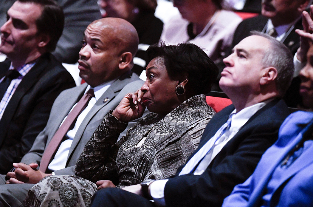 State Comptroller Thomas DiNapoli (right) listens to Gov. Andrew Cuomo's State of the State address alongside Senate Majority Leader Andrea Stewart-Cousins and Assembly Speaker Carl Heastie.