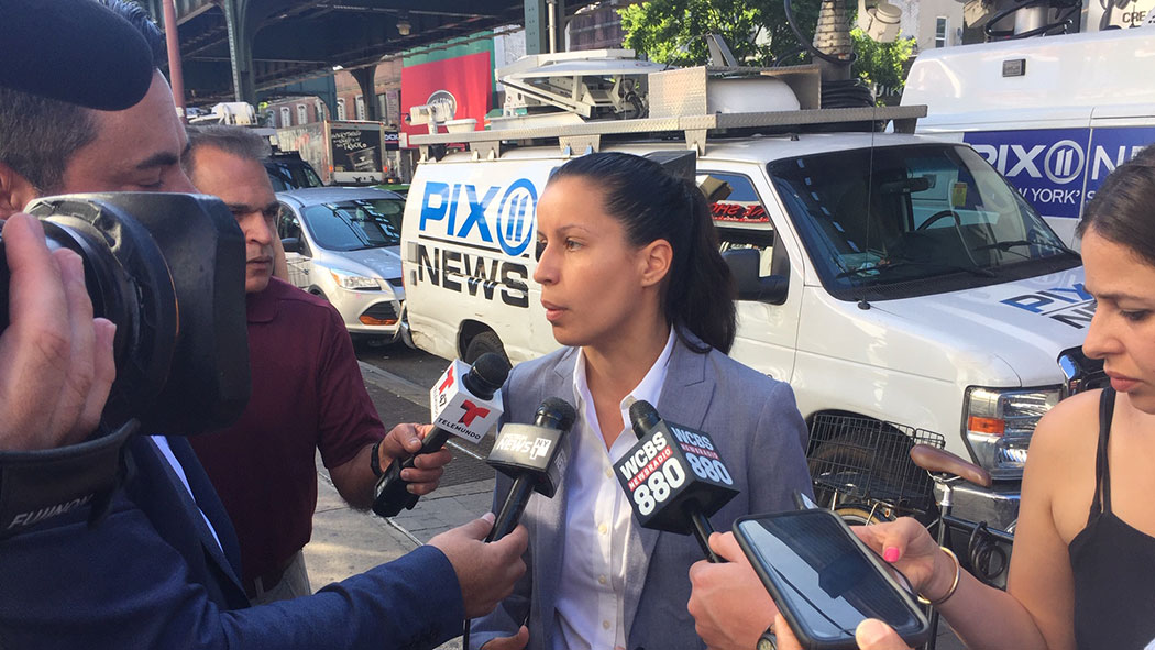 Tiffany Cabán speaks with news outlets the morning after the primary election.