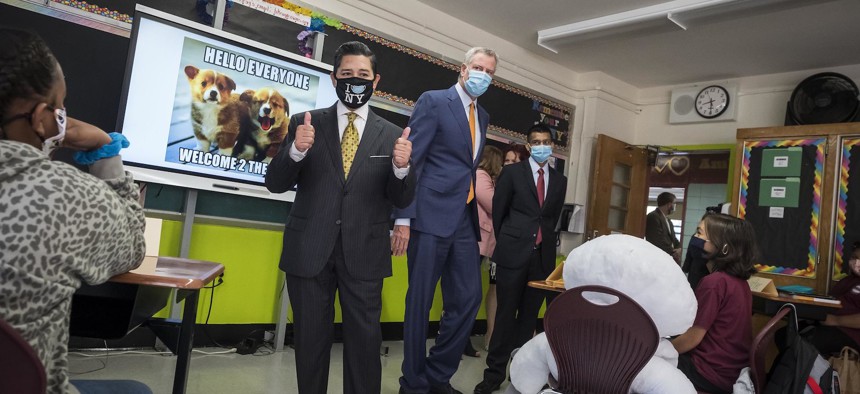 Mayor Bill de Blasio and New York City Schools Chancellor Richard Carranza on the first day of school at One World Middle School at Edenwald in the Bronx.