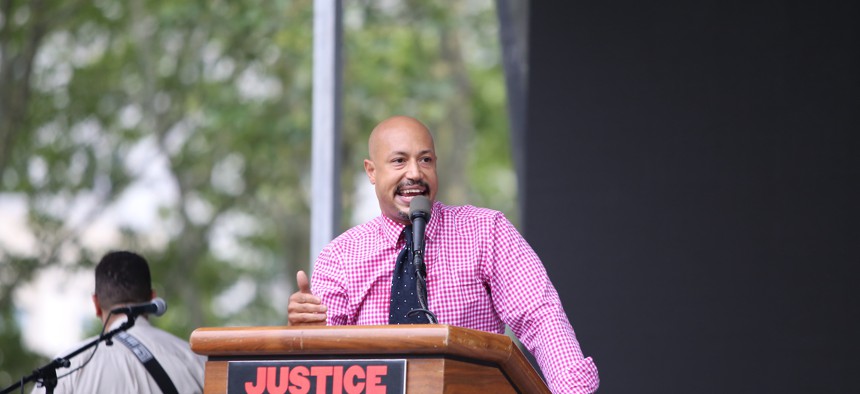 Arc of Justice founder Kirsten John Foy at a rally marking the anniversary of Eric Garner's death in 2015.