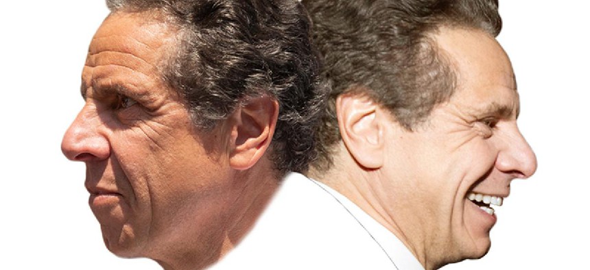 two different versions of Andrew Cuomo's face in opposite directions