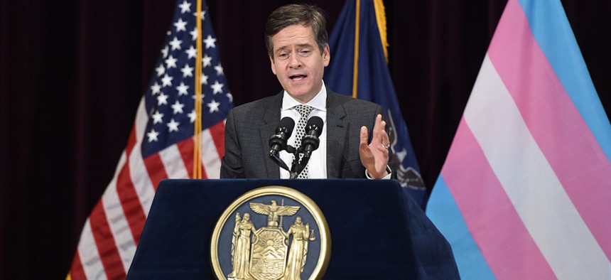 State Sen. Brad Hoylman speaks during a press conference for the signing of the Gender Expression Non-Discrimination Act (GENDA) into Law.