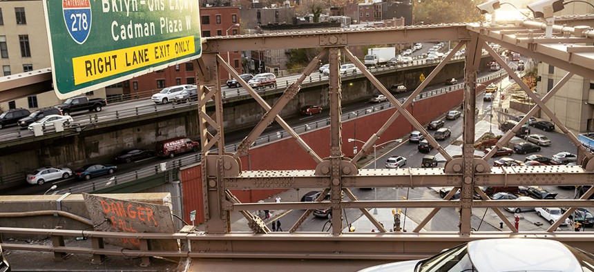 Rush hour traffic on the Brooklyn Bridge.