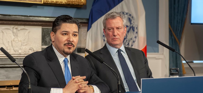 Mayor Bill de Blasio and Richard A. Carranza, Dept. of Education Schools Chancellor at a press conference in NYC.