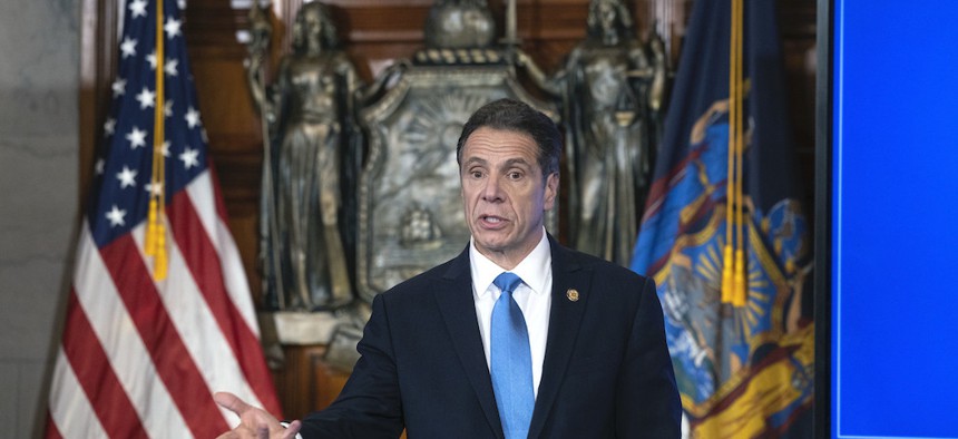 Governor Cuomo holding a briefing on COVID-19 response on April 8th.