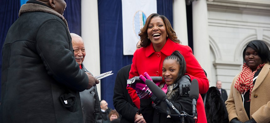 Letitia James being sworn in as New York City Public Advocate.