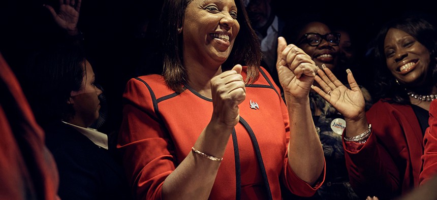 Democratic New York Attorney General-elect Letitia James celebrates her victory during an election night party in the Brooklyn 