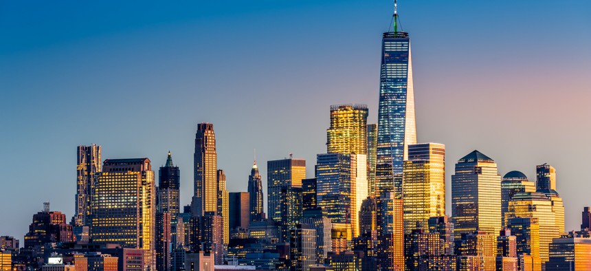 Lower Manhattan at sunset.