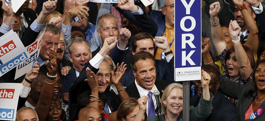 New York Delegates, including Sens. Chuck Schumer and Kirsten Gillibrand, Gov. Andrew Cuomo, New York City Mayor Bill de Blasio, Assembly Speaker Carl Heastie, state Comptroller Thomas DiNapoli and former state Attorney General Eric Schneiderman cast thei